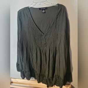 Ashley Stewart Olive Green Blouse with Lace Trim